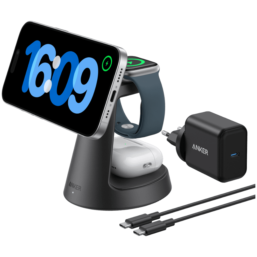 Anker MagGo Wireless Charging Station (3-in-1, Dock Stand) cable and charger bundle Black