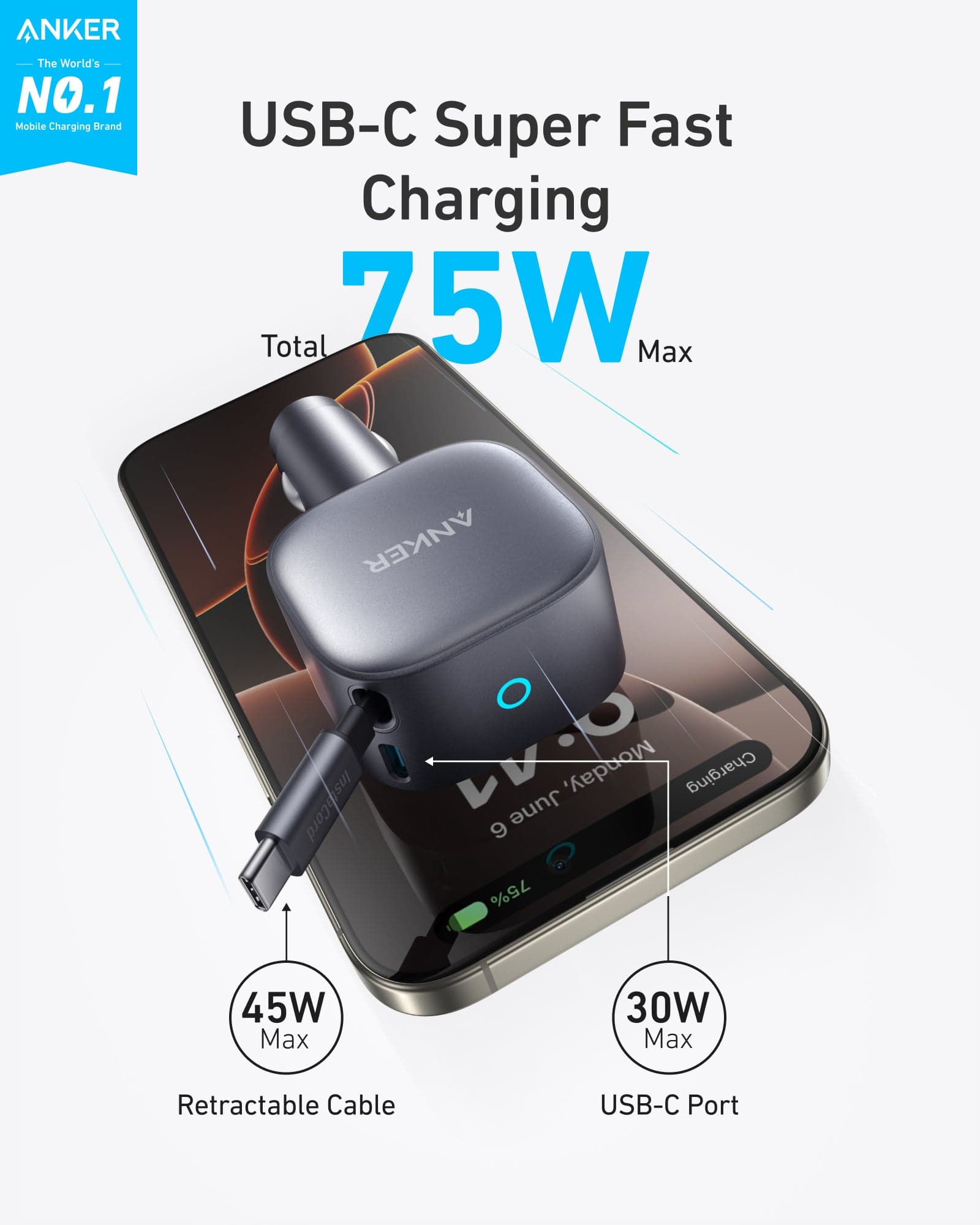 Anker Nano Car Charger (75W, USB-C Port, Built-In Retractable USB-C Cable) - 2