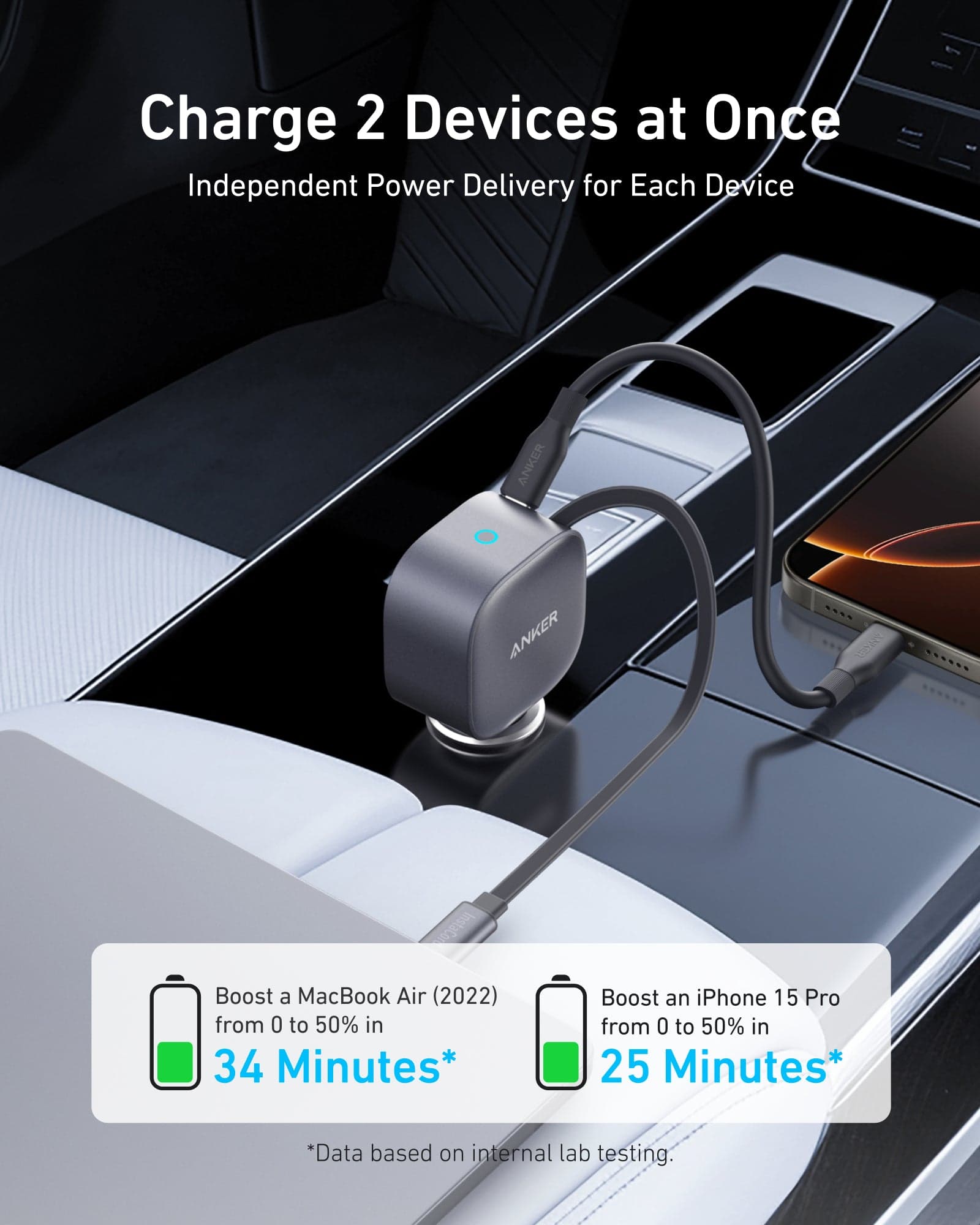 Anker Nano Car Charger (75W, USB-C Port, Built-In Retractable USB-C Cable) - 3