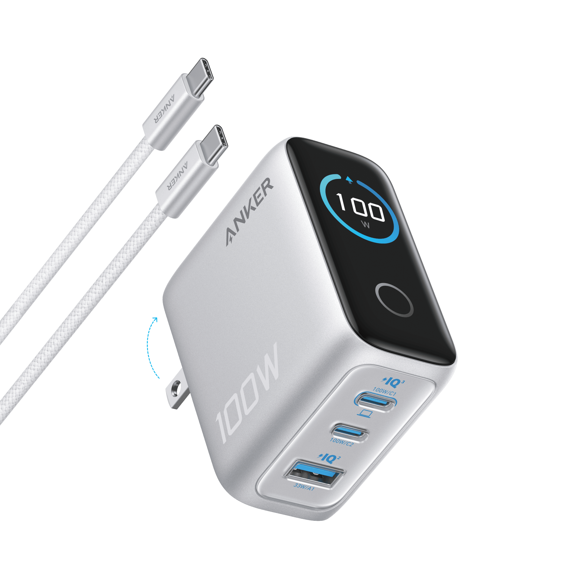 Anker Charger (100W, 3 Ports, Smart Display) Gray