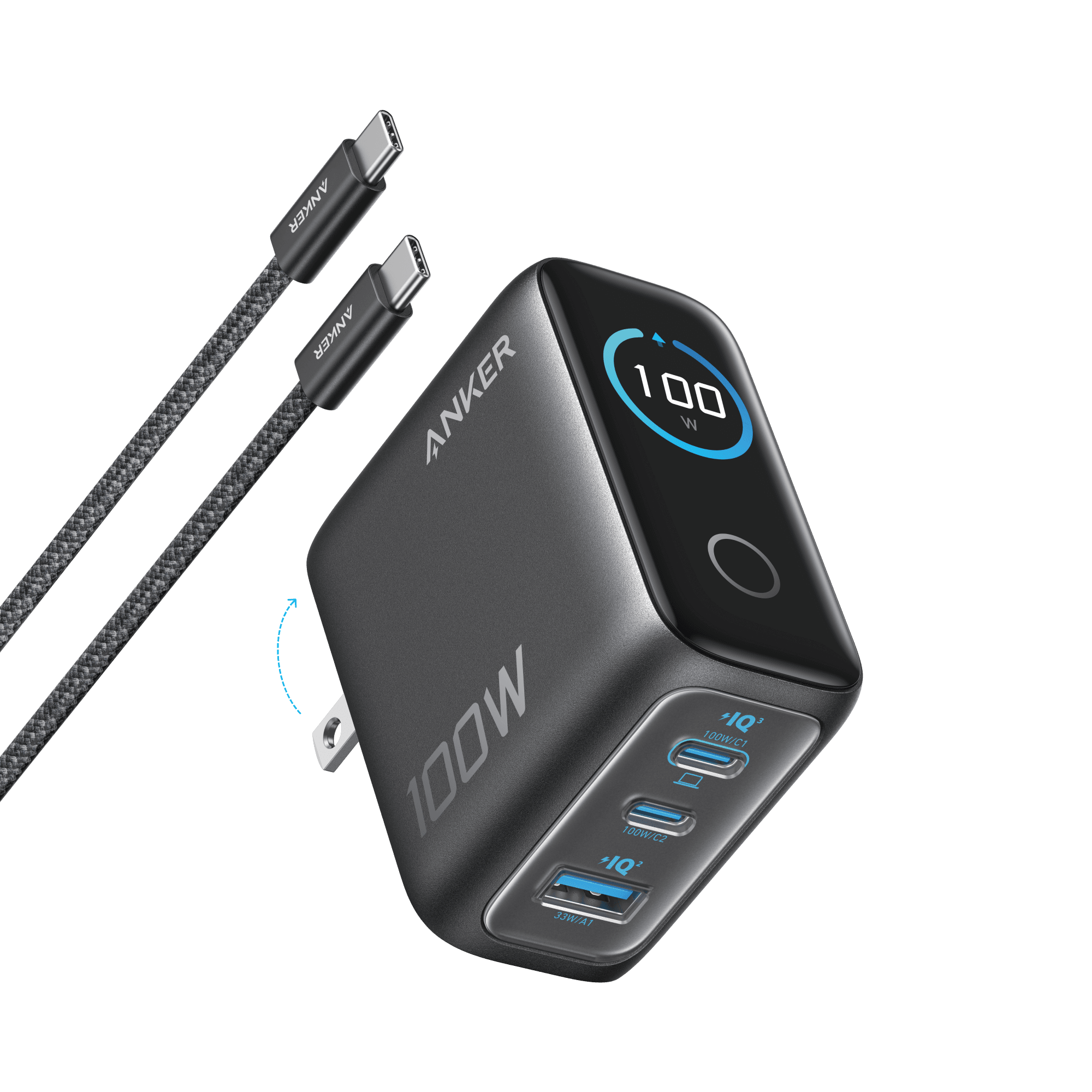 Anker Charger (100W, 3 Ports, Smart Display) Gray - 2